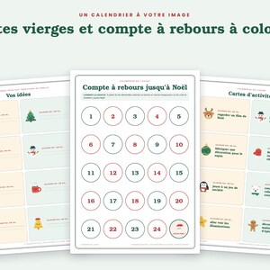 Puede incluir: Tres hojas imprimibles que presentan un calendario de cuenta regresiva navide&ntilde;a con n&uacute;meros del uno al veinticuatro en c&iacute;rculos, tarjetas en blanco para ideas y tarjetas de actividades con iconos festivos como renos, mu&ntilde;ecos de nieve y estrellas.