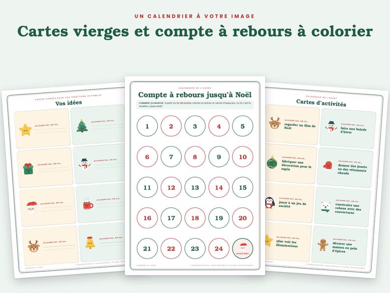 Puede incluir: Tres hojas imprimibles que presentan un calendario de cuenta regresiva navide&ntilde;a con n&uacute;meros del uno al veinticuatro en c&iacute;rculos, tarjetas en blanco para ideas y tarjetas de actividades con iconos festivos como renos, mu&ntilde;ecos de nieve y estrellas.