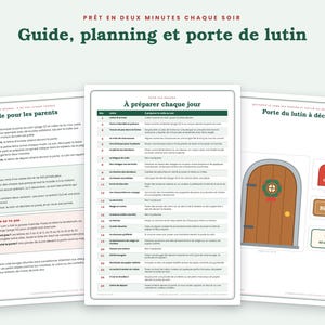 May include: Three printable sheets featuring a guide for parents, a daily planning schedule, and a cut-out elf door with accessories. The text includes 'Guide, planning et porte de lutin' and '&Agrave; pr&eacute;parer chaque jour' in dark green and red ink on white paper.
