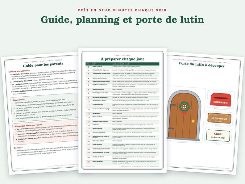 May include: Three printable sheets featuring a guide for parents, a daily planning schedule, and a cut-out elf door with accessories. The text includes 'Guide, planning et porte de lutin' and '&Agrave; pr&eacute;parer chaque jour' in dark green and red ink on white paper.