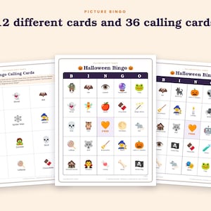 Peut inclure: Un jeu de bingo illustr&eacute; sur le th&egrave;me d'Halloween comprenant 12 cartes de bingo diff&eacute;rentes et 36 cartes &agrave; tirer. Les cartes pr&eacute;sentent des ic&ocirc;nes color&eacute;es comme des citrouilles, fant&ocirc;mes, chauves-souris, araign&eacute;es, sorci&egrave;res et cr&acirc;nes.