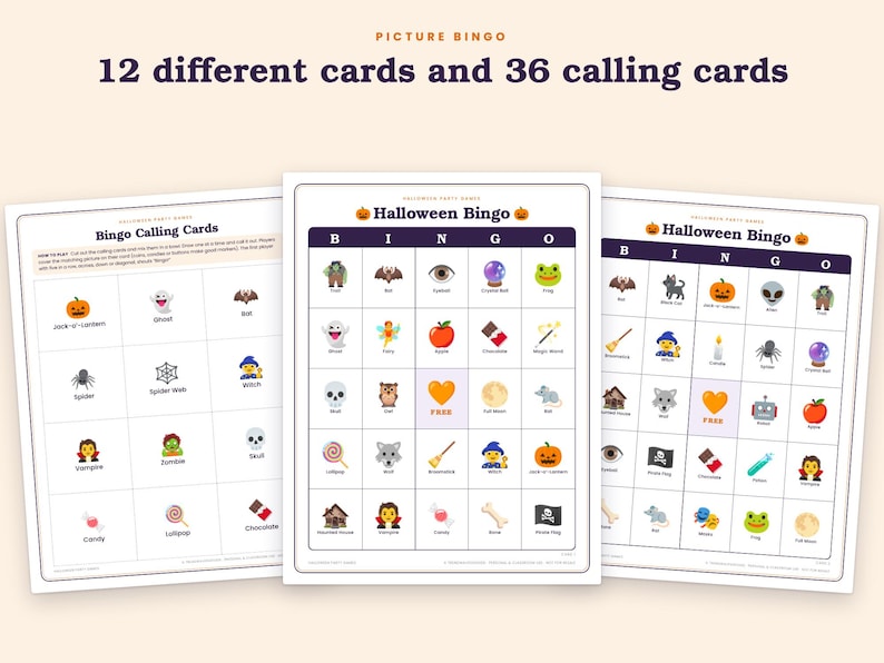 Peut inclure: Un jeu de bingo illustr&eacute; sur le th&egrave;me d'Halloween comprenant 12 cartes de bingo diff&eacute;rentes et 36 cartes &agrave; tirer. Les cartes pr&eacute;sentent des ic&ocirc;nes color&eacute;es comme des citrouilles, fant&ocirc;mes, chauves-souris, araign&eacute;es, sorci&egrave;res et cr&acirc;nes.