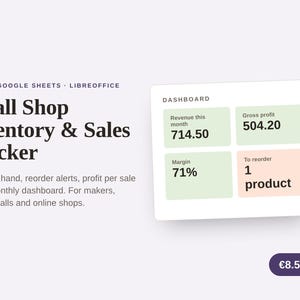 May include: A digital Small Shop Inventory & Sales Tracker for Excel, Google Sheets, and LibreOffice. The interface displays a dashboard with revenue, gross profit, margin, and reorder alerts. Text includes "Small Shop Inventory & Sales Tracker".