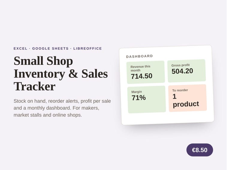 May include: A digital Small Shop Inventory & Sales Tracker for Excel, Google Sheets, and LibreOffice. The interface displays a dashboard with revenue, gross profit, margin, and reorder alerts. Text includes "Small Shop Inventory & Sales Tracker".