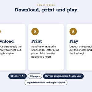 May include: An instructional graphic titled How it works: Download, print and play. Three numbered steps explain the process: 1. Download, 2. Print, 3. Play. Additional text notes US Letter + A4, 30 pages, no year printed, and digital download.