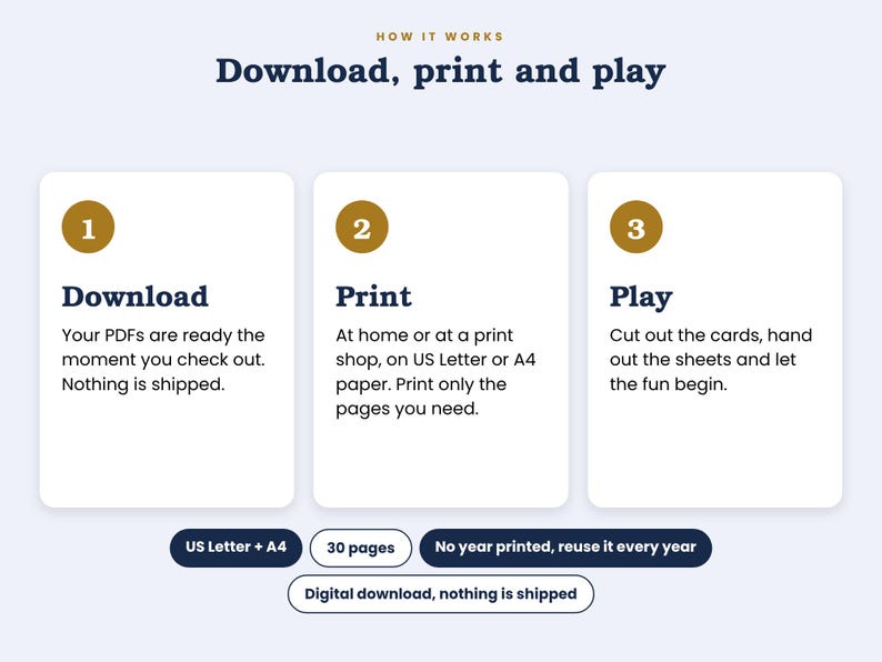 May include: An instructional graphic titled How it works: Download, print and play. Three numbered steps explain the process: 1. Download, 2. Print, 3. Play. Additional text notes US Letter + A4, 30 pages, no year printed, and digital download.