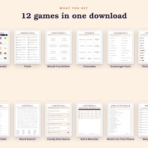 Peut inclure: Un ensemble de 12 feuilles de jeux imprimables sur le th&egrave;me d'Halloween intitul&eacute; 12 games in one download. Le lot comprend Bingo, Trivia, Would You Rather, Charades, Scavenger Hunt, Picture Puzzles, Word Scramble, Word Search, Candy Dice Game, Roll a Monster, What's on Your Phone et Most Likely To.