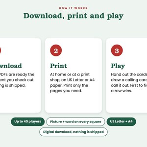 May include: An instructional graphic titled How it works: Download, print and play. Three numbered steps explain the process: 1. Download, 2. Print on US Letter or A4 paper, 3. Play. Additional labels indicate up to 40 players, picture and word on every square, and digital download.