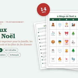 May include: A printable Christmas bingo game set featuring 14 games across 33 pages. The bingo card displays a grid with festive icons like a teddy bear, snowflake, Santa, train, and a free space. Text includes "Jeux de Noël" and "14 JEUX".