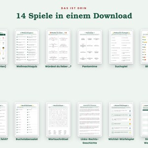 May include: A digital collection of 14 printable Christmas games featuring various activity sheets including bingo, quizzes, word searches, and charades. Each page contains black text and graphics on a white background, organized in two rows.