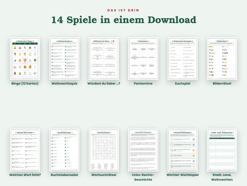 May include: A digital collection of 14 printable Christmas games featuring various activity sheets including bingo, quizzes, word searches, and charades. Each page contains black text and graphics on a white background, organized in two rows.