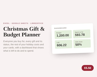 Pianificatore del budget per i regali di Natale, organizzatore per le vacanze, lista dei biglietti d'auguri (download digitale)