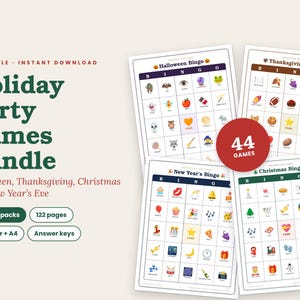 May include: A printable holiday party games bundle featuring four bingo sets for Halloween, Thanksgiving, Christmas, and New Year's Eve. The collection includes 122 pages, 44 games, and answer keys, formatted for US Letter and A4 paper sizes.
