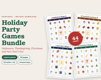 以下が含まれることがあります： ハロウィーン、感謝祭、クリスマス、大晦日用の4種類のビンゴゲームを含む、印刷可能なホリデーパーティーゲームバンドル。122ページ、44ゲーム、解答キーが含まれており、USレターおよびA4サイズに対応しています。