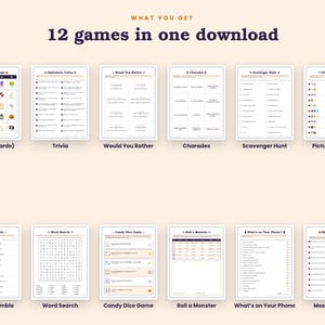 May include: A digital collection of 12 Halloween-themed party games on white paper sheets, including Bingo, Trivia, Would You Rather, Charades, Scavenger Hunt, Picture Puzzles, Word Scramble, Word Search, Candy Dice Game, Roll a Monster, What's on Your Phone, and Most Likely To.