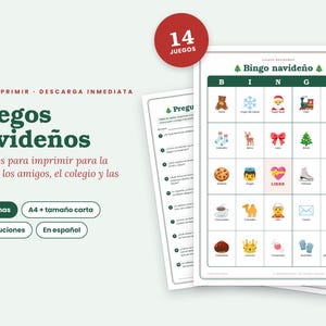 May include: A printable Christmas bingo game set featuring 14 games, 33 pages, and solutions in Spanish. The document includes a grid with holiday-themed icons like a teddy bear, snowflake, Santa, train, tree, bell, and a free center space.