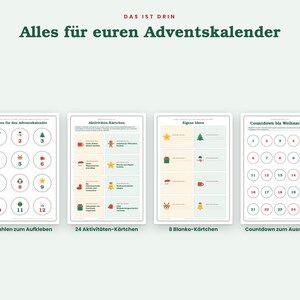 Op de afbeelding: Vier printbare vellen voor een adventskalender met de tekst "DAS IST DRIN Alles f&uuml;r euren Adventskalender". De vellen bevatten genummerde cirkels, activiteitenkaarten, blanco kaarten en een aftelkaart met de getallen &eacute;&eacute;n tot en met vierentwintig.