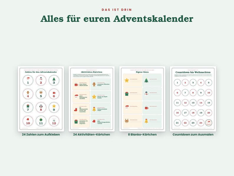 Op de afbeelding: Vier printbare vellen voor een adventskalender met de tekst "DAS IST DRIN Alles f&uuml;r euren Adventskalender". De vellen bevatten genummerde cirkels, activiteitenkaarten, blanco kaarten en een aftelkaart met de getallen &eacute;&eacute;n tot en met vierentwintig.
