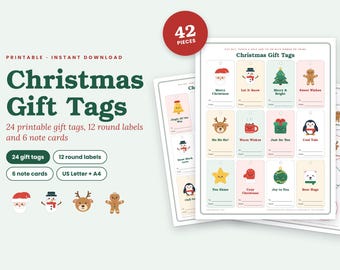 May include: A set of printable Christmas gift tags featuring 42 pieces including 24 rectangular tags, 12 round labels, and 6 note cards. The designs include festive icons like Santa, snowmen, reindeer, and gingerbread men with holiday text.