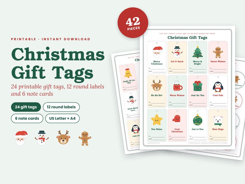 May include: A set of printable Christmas gift tags featuring 42 pieces including 24 rectangular tags, 12 round labels, and 6 note cards. The designs include festive icons like Santa, snowmen, reindeer, and gingerbread men with holiday text.