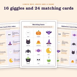 May include: Three printable sheets featuring Halloween Lunch Box Jokes and a Matching Game. The sheets contain 16 jokes with illustrations and 24 matching cards with icons of ghosts, pumpkins, bats, cats, candy corn, witch hats, spiders, and skulls.