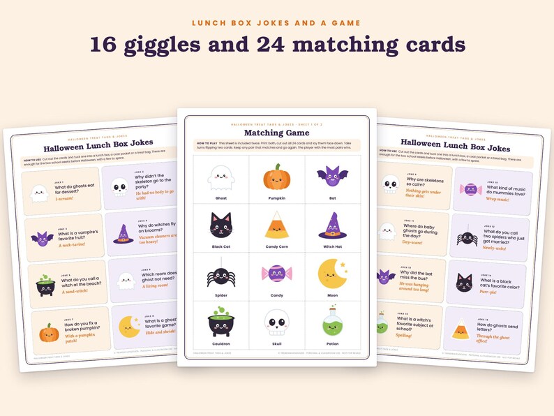 May include: Three printable sheets featuring Halloween Lunch Box Jokes and a Matching Game. The sheets contain 16 jokes with illustrations and 24 matching cards with icons of ghosts, pumpkins, bats, cats, candy corn, witch hats, spiders, and skulls.
