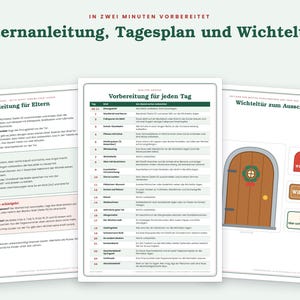 May include: Three printed pages featuring German text for a holiday activity set. The pages include a parent guide, a daily schedule table for December, and a sheet with a cut-out illustration of a small brown door and three signs.