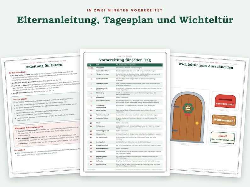 May include: Three printed pages featuring German text for a holiday activity set. The pages include a parent guide, a daily schedule table for December, and a sheet with a cut-out illustration of a small brown door and three signs.