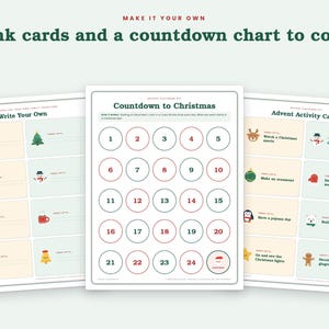 May include: A printable kit featuring 8 blank cards for writing traditions, a Countdown to Christmas chart with numbers 1 through 24 in red and green circles, and a sheet of Advent Activity Cards with festive icons and text for holiday activities.