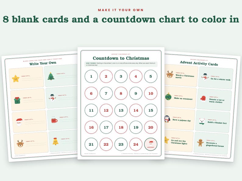 May include: A printable kit featuring 8 blank cards for writing traditions, a Countdown to Christmas chart with numbers 1 through 24 in red and green circles, and a sheet of Advent Activity Cards with festive icons and text for holiday activities.