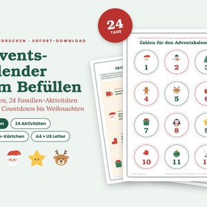 Op de afbeelding: Een digitale printbare adventskalenderset met 24 genummerde ronde labels met kersticonen, 24 gezinsactiviteiten en 8 blanco kaarten. De tekst bevat 'Adventskalender zum Bef&uuml;llen', '24 Zahlen', '24 Aktivit&auml;ten' en '24 TAGE'.