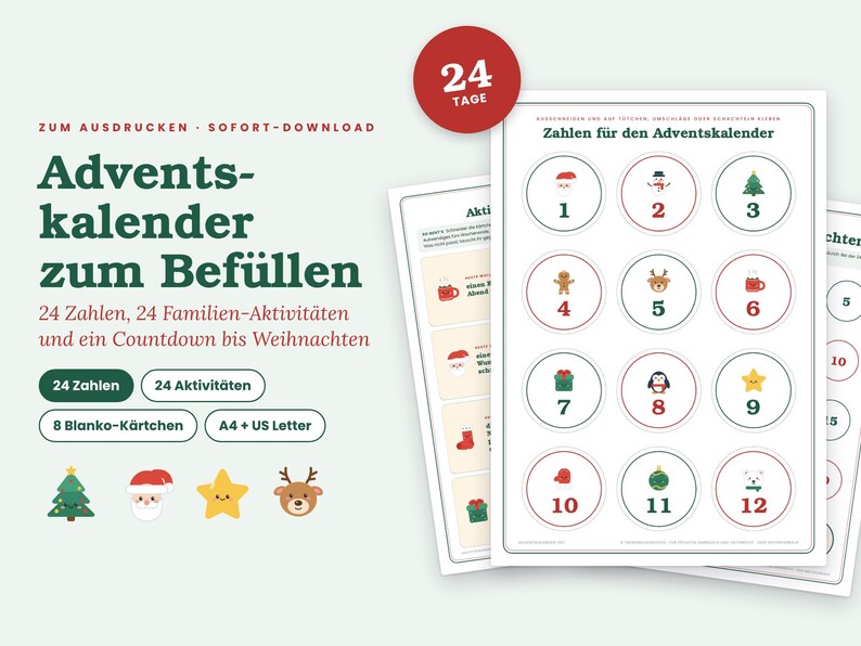 Op de afbeelding: Een digitale printbare adventskalenderset met 24 genummerde ronde labels met kersticonen, 24 gezinsactiviteiten en 8 blanco kaarten. De tekst bevat 'Adventskalender zum Bef&uuml;llen', '24 Zahlen', '24 Aktivit&auml;ten' en '24 TAGE'.