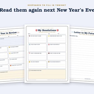 May include: Three printable New Year's Eve activity sheets featuring My Year in Review, My Resolutions, and Letter to My Future Self. Each white page includes dark blue text, lined sections for writing, and small colourful icons for prompts.