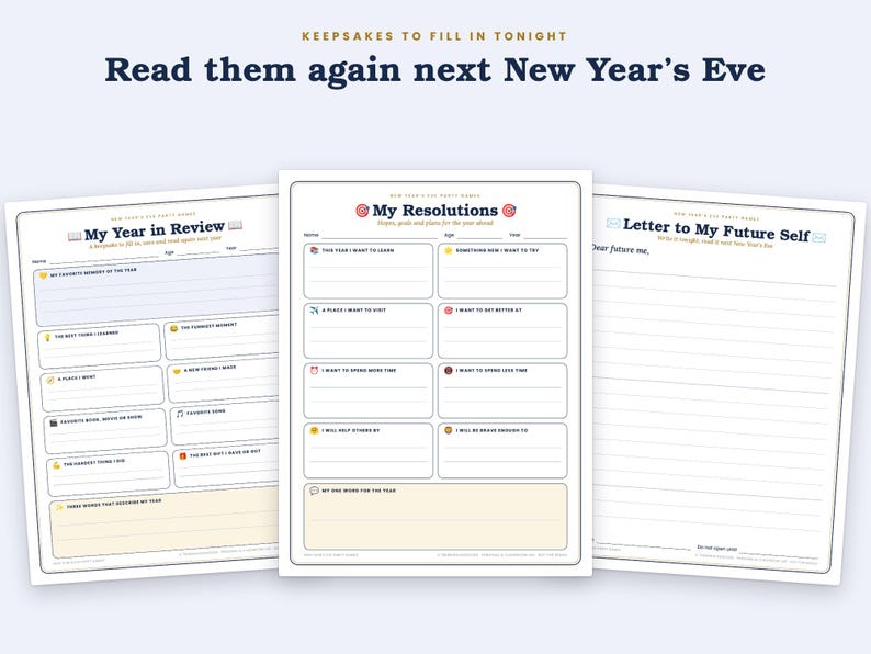 May include: Three printable New Year's Eve activity sheets featuring My Year in Review, My Resolutions, and Letter to My Future Self. Each white page includes dark blue text, lined sections for writing, and small colourful icons for prompts.