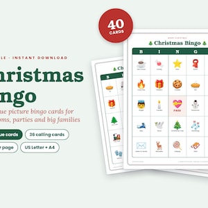 May include: A printable Christmas Bingo game set featuring 40 unique cards and 36 calling cards. The game board displays a grid with festive icons like a Christmas tree, snowman, and reindeer, with the text Christmas Bingo and 40 CARDS visible.