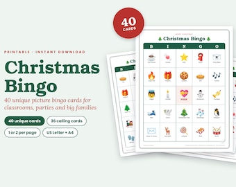 Gioco di bingo natalizio con immagini, 40 cartelle uniche, carte da estrazione (download digitale)