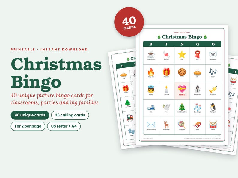 May include: A printable Christmas Bingo game set featuring 40 unique cards and 36 calling cards. The game board displays a grid with festive icons like a Christmas tree, snowman, and reindeer, with the text Christmas Bingo and 40 CARDS visible.