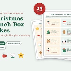 Puede incluir: Un conjunto imprimible de 24 chistes navide&ntilde;os para la lonchera en hojas de papel, con ilustraciones coloridas de un mu&ntilde;eco de nieve, Santa, &aacute;rbol de Navidad, hombre de jengibre, reno, ping&uuml;ino y caja de regalo con texto para cada chiste.
