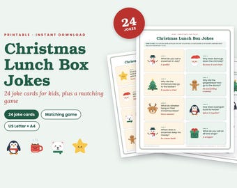 May include: A printable set of 24 Christmas Lunch Box Jokes on paper sheets, featuring colorful illustrations of a snowman, Santa, Christmas tree, gingerbread person, reindeer, penguin, and gift box with corresponding text for each holiday joke.