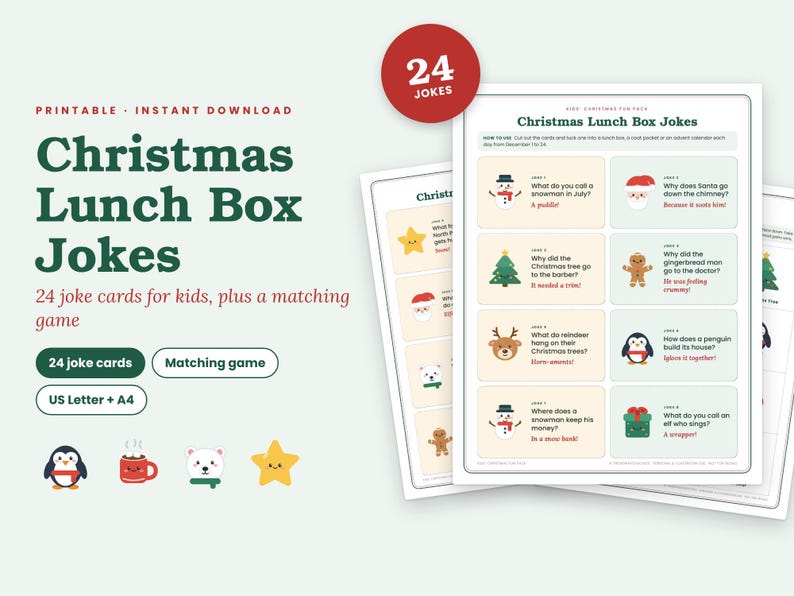 Puede incluir: Un conjunto imprimible de 24 chistes navide&ntilde;os para la lonchera en hojas de papel, con ilustraciones coloridas de un mu&ntilde;eco de nieve, Santa, &aacute;rbol de Navidad, hombre de jengibre, reno, ping&uuml;ino y caja de regalo con texto para cada chiste.