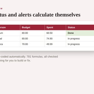 May include: A digital table titled Status and alerts calculate themselves, featuring columns for Person, Budget, Spent, and Status. Rows list Mum, Dad, and Luca with numerical values and status labels. Text below reads Colour-coded automatically.