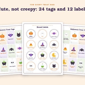 May include: A set of printable Halloween treat tags and round labels featuring colorful illustrations of ghosts, pumpkins, bats, cats, candy, and cauldrons. The text includes phrases like Boo, Happy Halloween, Fang-tastic, and Spooktacular.