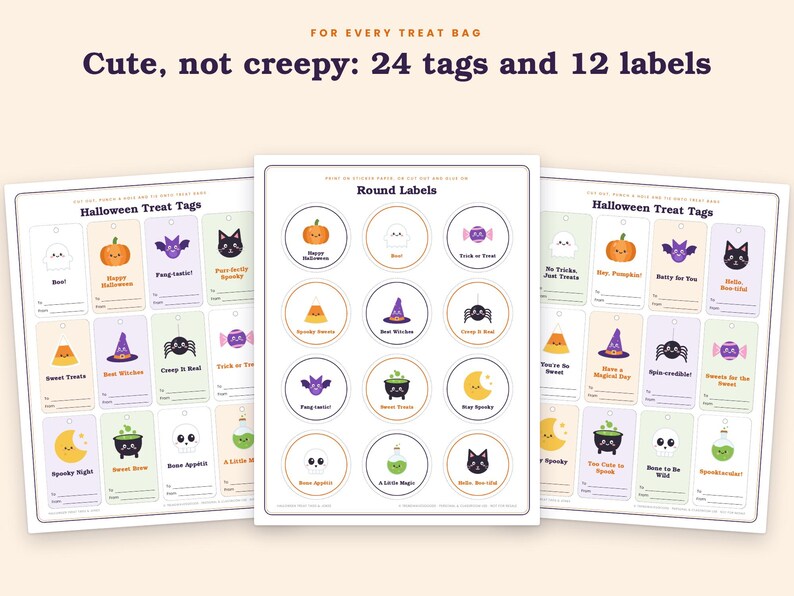 May include: A set of printable Halloween treat tags and round labels featuring colorful illustrations of ghosts, pumpkins, bats, cats, candy, and cauldrons. The text includes phrases like Boo, Happy Halloween, Fang-tastic, and Spooktacular.
