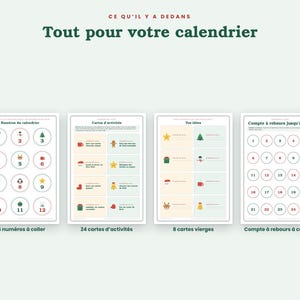 Puede incluir: Cuatro hojas imprimibles para un calendario de adviento. Las p&aacute;ginas incluyen c&iacute;rculos numerados, tarjetas de actividades con iconos, tarjetas en blanco para ideas y una cuadr&iacute;cula de cuenta regresiva con n&uacute;meros del uno al veinticuatro para colorear.