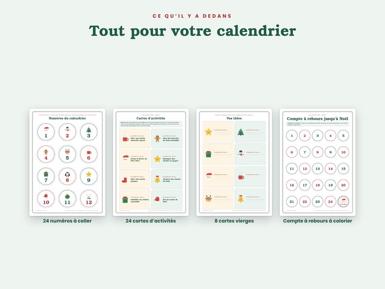 Puede incluir: Cuatro hojas imprimibles para un calendario de adviento. Las p&aacute;ginas incluyen c&iacute;rculos numerados, tarjetas de actividades con iconos, tarjetas en blanco para ideas y una cuadr&iacute;cula de cuenta regresiva con n&uacute;meros del uno al veinticuatro para colorear.