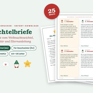 May include: A set of 25 printable Christmas gnome letters featuring German text, including instructions for parents and gnome door templates. The documents are presented in A4 and US Letter formats, decorated with small gnome and star illustrations.