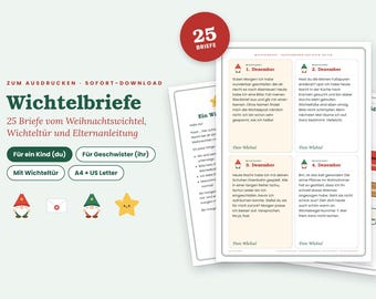 Wichtelbriefe zum Ausdrucken, 25 Wichtel Briefe für Kinder, Wichteltür Zubehör, Wichtelpost Advent, Du-Form und Geschwister, PDF Deutsch