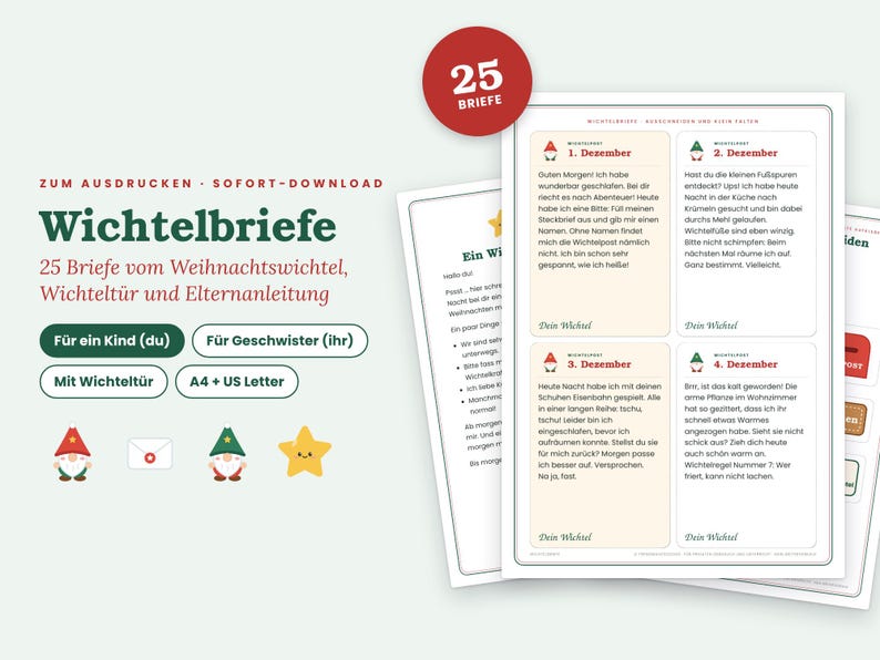 May include: A set of 25 printable Christmas gnome letters featuring German text, including instructions for parents and gnome door templates. The documents are presented in A4 and US Letter formats, decorated with small gnome and star illustrations.