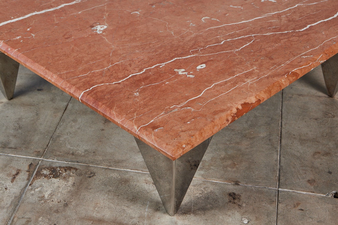Red Marble Coffee Table With Angular Chrome Legs Etsy
