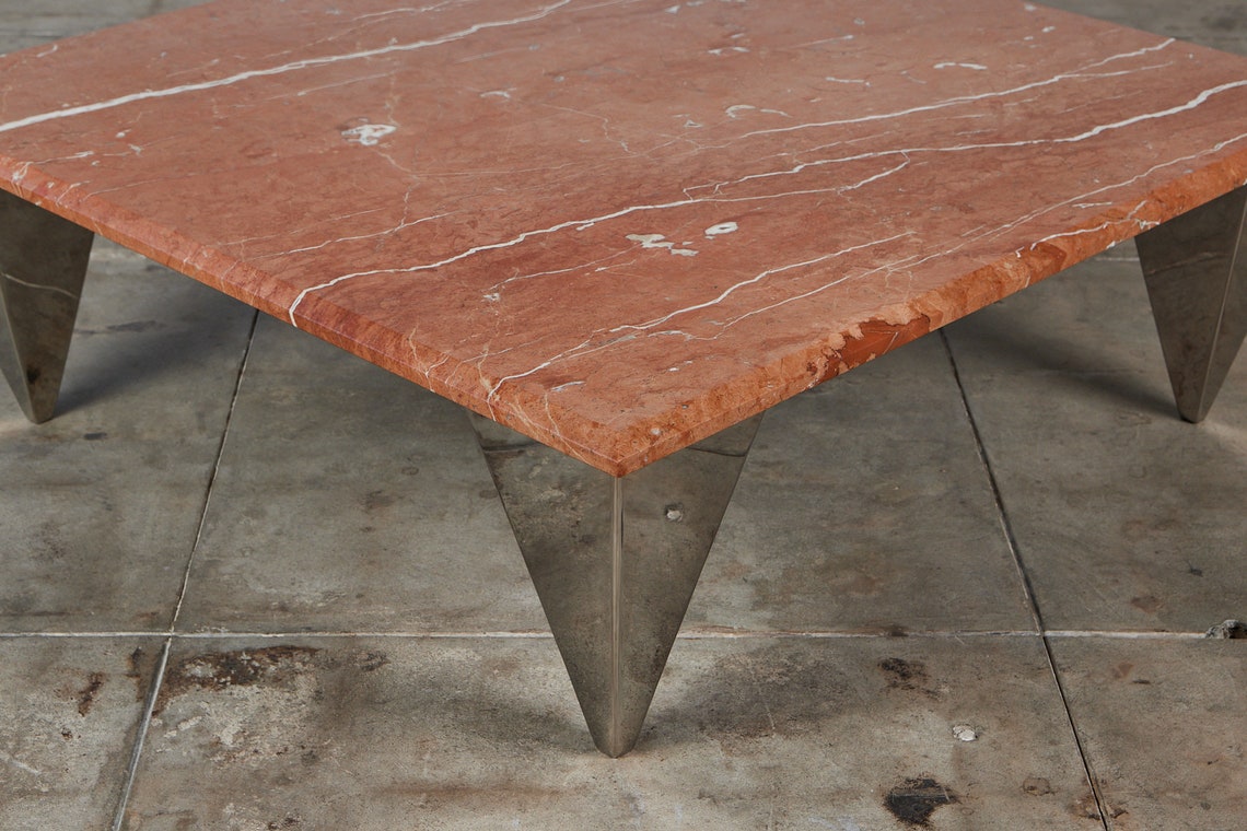 Red Marble Coffee Table With Angular Chrome Legs Etsy